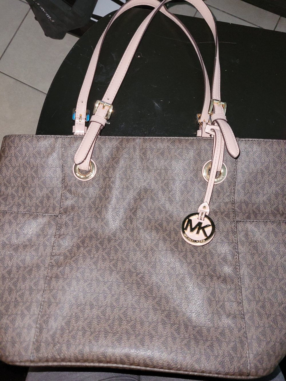 Michael Kors Brown Logo Tote with Pale Pink Trim